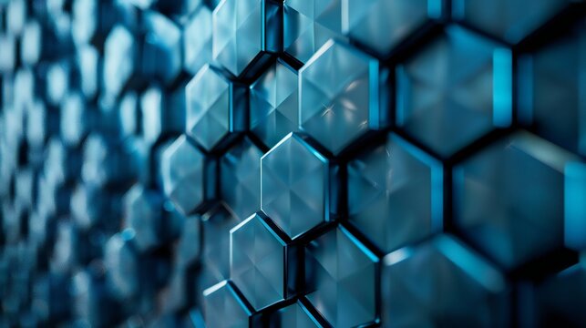 High-tech hexagonal grid pattern with a 3D effect in shades of blue and grey.