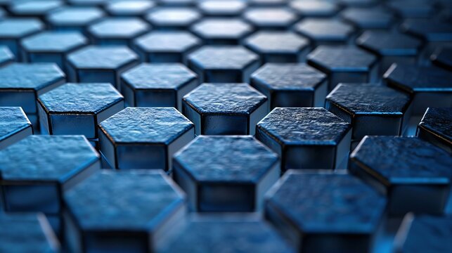 High-tech hexagonal grid pattern with a 3D effect in shades of blue and grey.