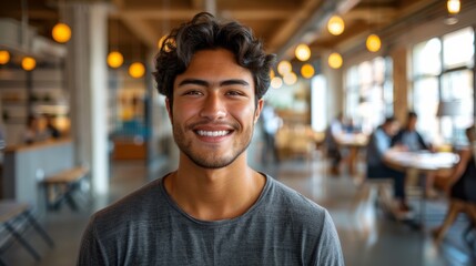 Cheerful Young Man Smiling in Modern Coffee Shop During Bright Daytime Hours