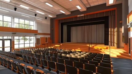 Picture a 3D school auditorium with a stage, seating, and lighting fixtures.