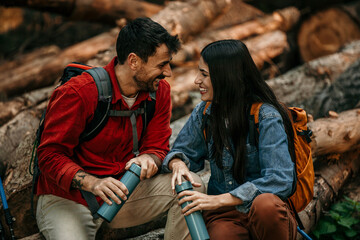 Young couple enjoying hiking in nature and taking a break for drinking water 