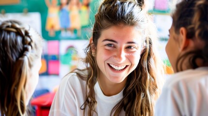 Happy female teacher assisting her student during a class at elementary school.