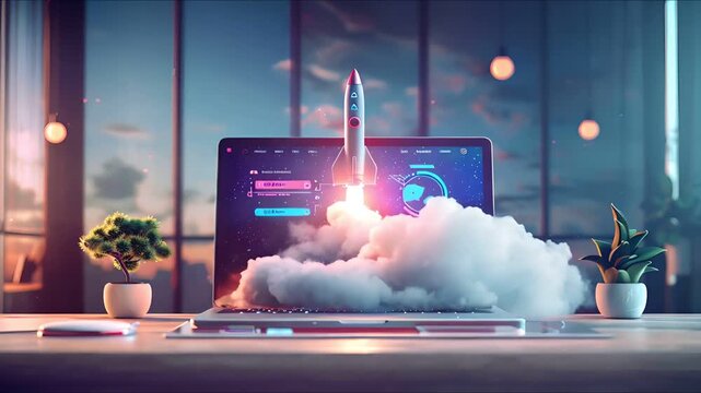 A rocket launches from a laptop screen, symbolizing a successful business launch or project takeoff.