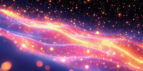 Obraz premium Abstract glowing particle lines and bokeh on a dark backdrop, conveying a futuristic technology concept