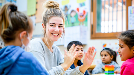 Happy female teacher assisting her student during a class at elementary school.