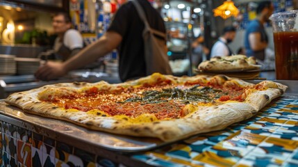 A Sicilian-style pizza with thick crust, rich tomato sauce, and anchovies is being served, showcasing the unique flavors.