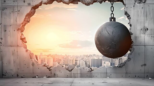 A wrecking ball hangs from a chain, poised to break through a concrete wall, revealing a cityscape beyond.