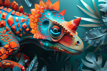 Create a photorealistic 3D sculpture of a dinosaur with vibrant colors and geometric patterns, top view, highlighting artistic detail, digital tone, Triadic Color Scheme