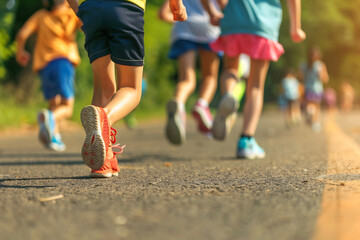 Group of children running on a paved path, focus on legs and feet, vibrant and energetic atmosphere, outdoor activity