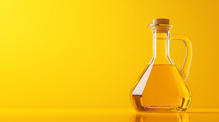 glass bottle of cooking oil isolated on yellow background