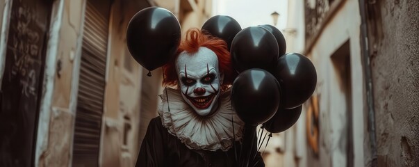 A creepy clown holding black balloons in a narrow alleyway, evoking a haunting atmosphere with a touch of eerie charm.