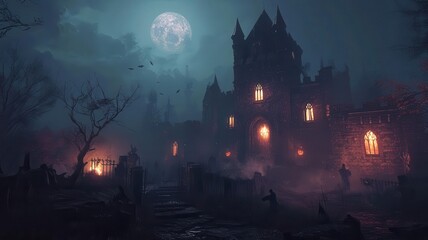 Spooky castle illuminated by eerie moonlight, set in a dark landscape. Ideal for Halloween themes and horror storytelling.
