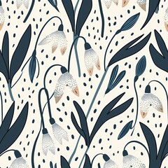 Naklejka premium Abstract Floral Pattern with Blue and White Flowers and Dots