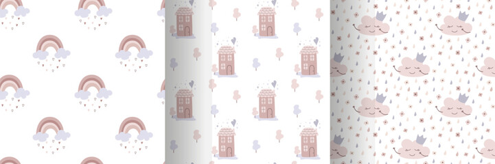 Happy birthday seamless pattern set in flat design. Childrens birthday party elements collection. Beige pastel vintage colors. Cartoon vector illustration.
