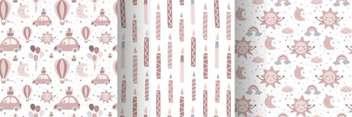 Happy birthday seamless pattern set in flat design. Childrens birthday party elements collection. Beige pastel vintage colors. Cartoon vector illustration.
