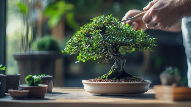 Man using gardening tools to prune a vibrant bonsai tree on a wooden table, capturing the delicate care and expertise involved