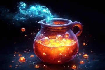 Magical Potion in a Clay Jug with Glowing Bubbles and Smoke