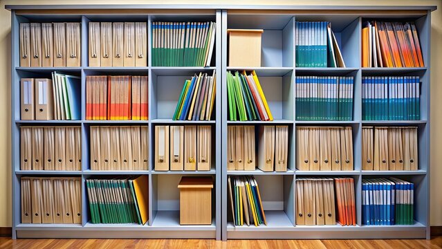 Organized record keeping system with cabinet of folders in a room, filing, archive, organization, storage, records, documents