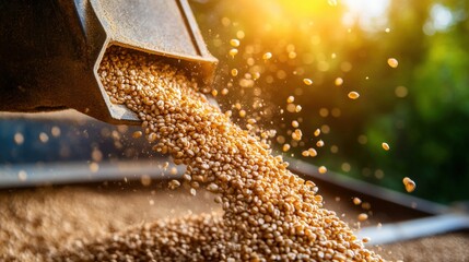 A large amount of grain is being poured out of a container. The grain is scattered all over the ground, creating a messy and chaotic scene. Concept of abundance and abundance of food
