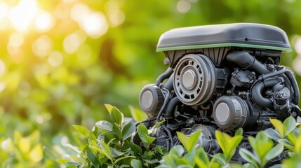 A car engine partially hidden in lush greenery, symbolizing the contrast between technology and nature under warm sunlight.