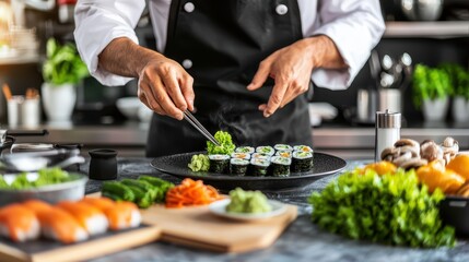 A chef skillfully preparing sushi rolls with fresh ingredients, showcasing culinary expertise in a modern kitchen setting.