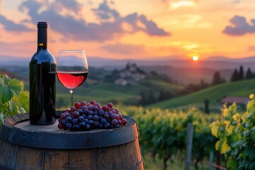 Sunset Vineyard with Wine Bottle and Glass with a blurred background