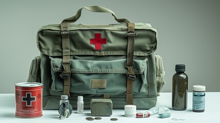 The significance of Defense Day through caps, badges, weapons, and military bags displayed on a white background. These treasures represent the honor,and dedication of those who protect the nation.