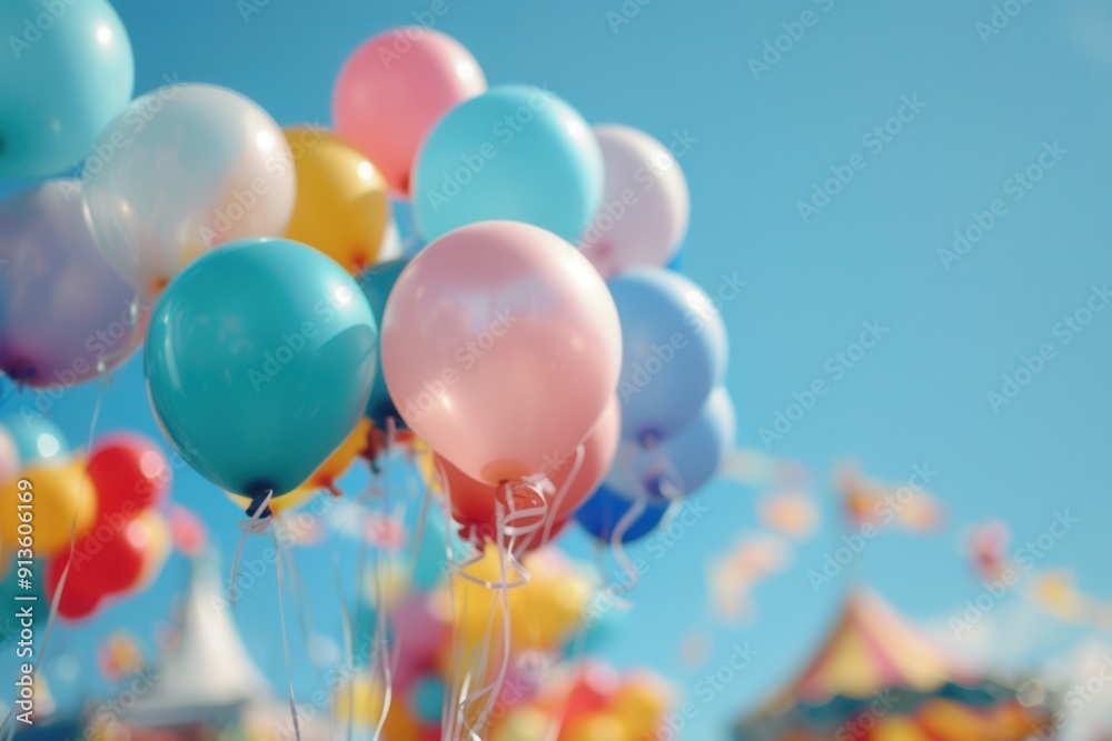 Poster colorful balloons float gently in the air, adding joy to a lively city festival bustling with activi