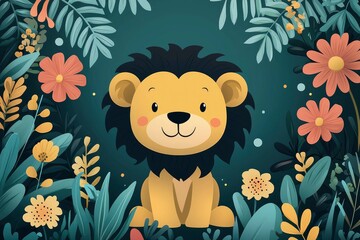 Cute Cartoon Lion Hiding in the Jungle