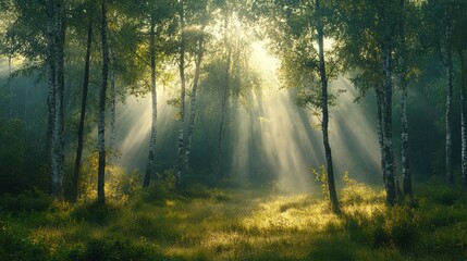 Naklejka premium Serene Forest with Sun Rays and Mist