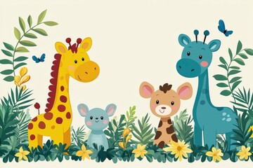 Naklejka premium Cute Giraffe and Animal Friends in Jungle Illustration
