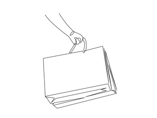 Naklejka premium Continuous one line drawing of hand Carrying shopping bag. Holding paperbag for shopping, sale and consumerism concept.