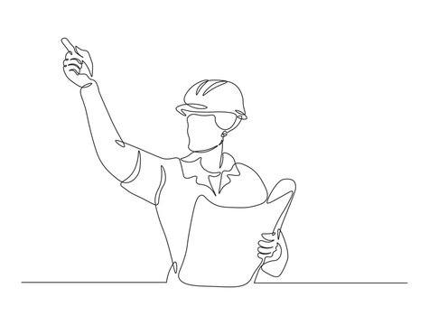 recommend clip art: Continuous one line drawing of engineer holding blueprint paper. Worker holding blueprint paper illustration.