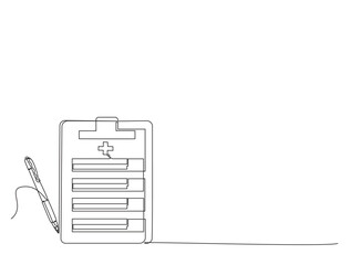 Continuous one line drawing of checklist clipboard with pen. Medical document Form on clipboard simple line illustration.