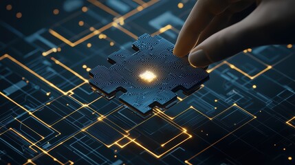 A hand placing a puzzle piece on a digital circuit board, representing technology integration and problem-solving.