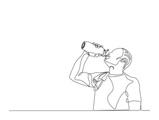 Continuous one line drawing of man drinking water from the bottle. Drinking water simple line illustration. Healthy lifestyle concept.