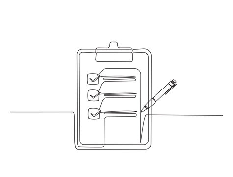 Continuous one line drawing of checklist clipboard with pen. Form on clipboard simple line illustration.