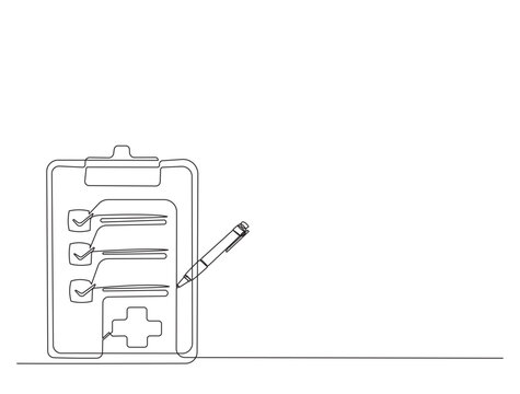 recommend clip art: Continuous one line drawing of checklist clipboard with pen. Medical document Form on clipboard simple line illustration.