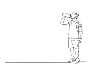 Continuous one line drawing of man drinking water from the bottle. Drinking water simple line illustration. Healthy lifestyle concept.