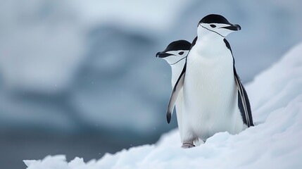 Obraz premium Two Chinstrap Penguins Standing Together on Snow
