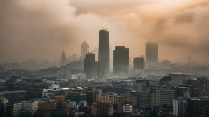 Obraz premium The city landscape is shrouded in thick smog, where buildings are barely visible, demonstrating severe air pollution.