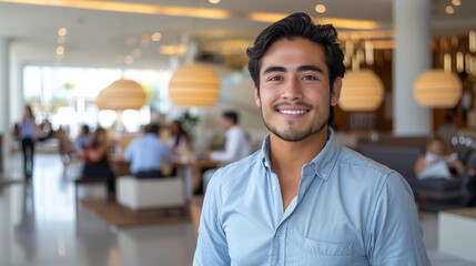 Fototapeta premium Young Man Smiling in Modern Cafe During Busy Daytime Hours With Patrons Nearby