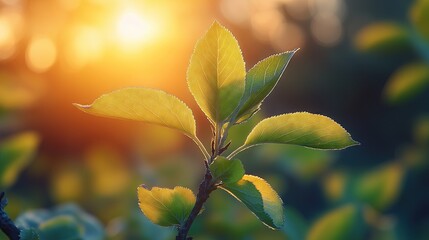 The branches of a small tree are growing, and green leaves are sprouting.