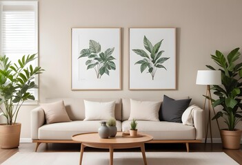 Fototapeta premium A modern living room with a large white framed wall art above a beige sectional sofa, wooden coffee table