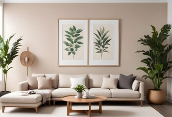 A modern living room with a large white framed wall art above a beige sectional sofa, wooden coffee table