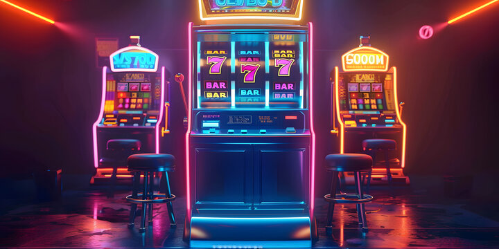 front view of a slot machine in a simple and clean design. 3D game element from multiple angles, game