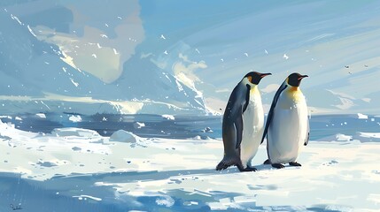 Fototapeta premium Two Penguins Standing on a Snowy Landscape