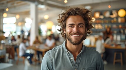 Obraz premium Happy Young Man Smiling in a Cozy Café With Bright Lighting During Daytime