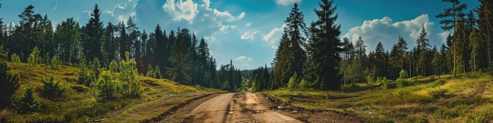 Obraz premium Forest road in the midst of a clearing with the blue sky visible