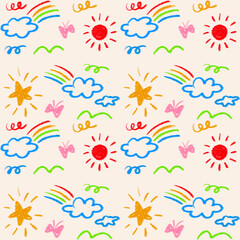 seamless pattern of crayon doodle kiddy and fun repeatable background 